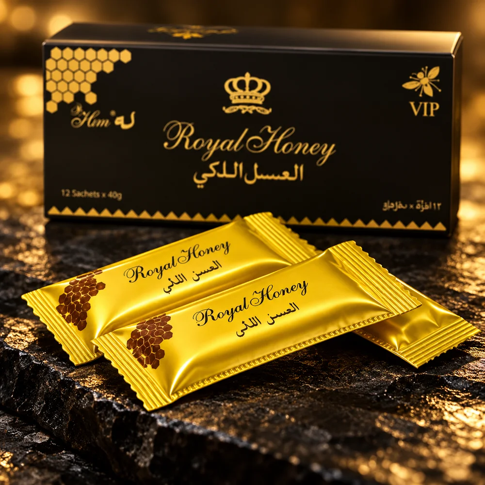 صورة توضيحية مقرّبة لأكياس Royal Honey الذهبية والعلبة السوداء