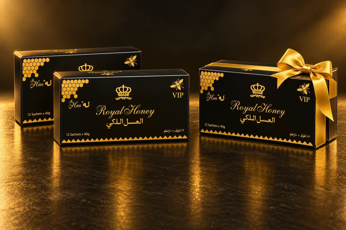 صورة توضيحية لثلاث علب Royal Honey تمثل عرض اشترِ علبتين واحصل على الثالثة مجانًا
